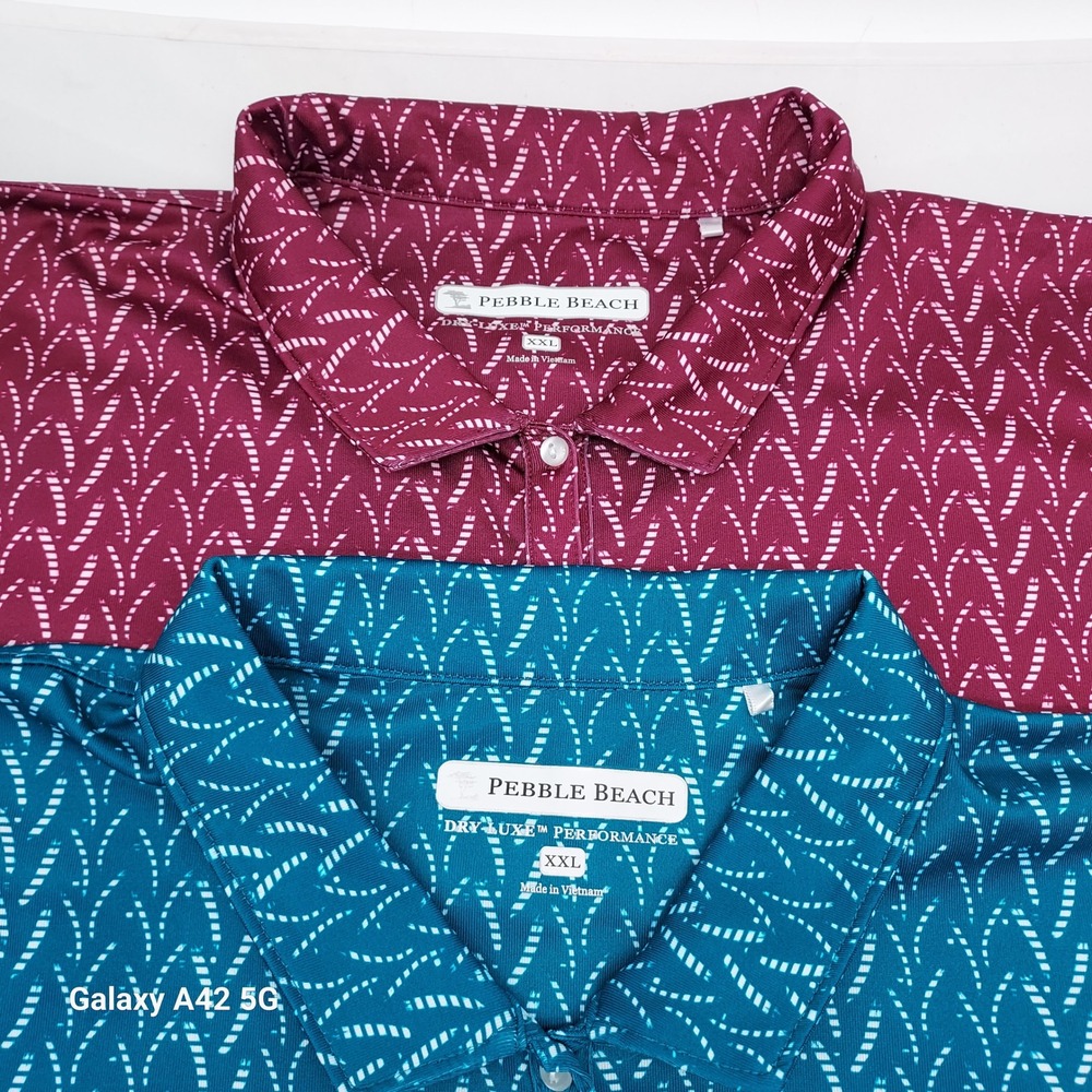 Pebble‎ Beach Dry-Luxe Performance Polo Shirt XXL Maroon Teal Geometric Print